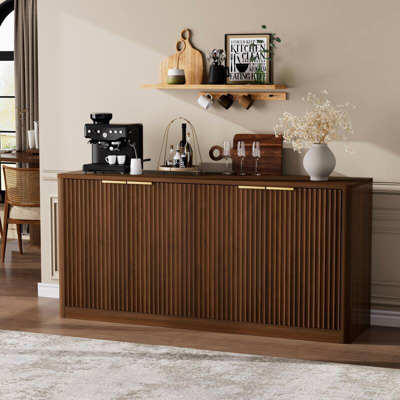 Anmytek 59 Inch Fluted Sideboard with Adjustable Shelves and Gold Handles Walnut Finish Buffet Cabinet