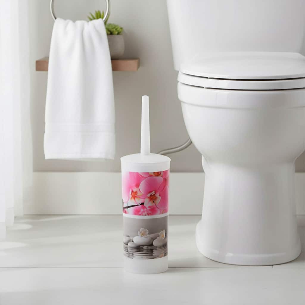 Orchid Print Plastic Toilet Brush and Holder Set - 3.8" L x 3.8" W x 13.8" H