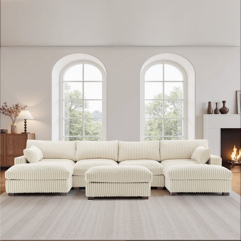 Oversied Plush Corduroy Fabric Modular Sectional Sofa with Chaise, Ottoman