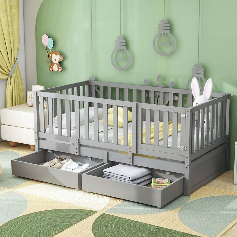 Modern Wood Daybed with Fence Guardrails and 2 Drawers