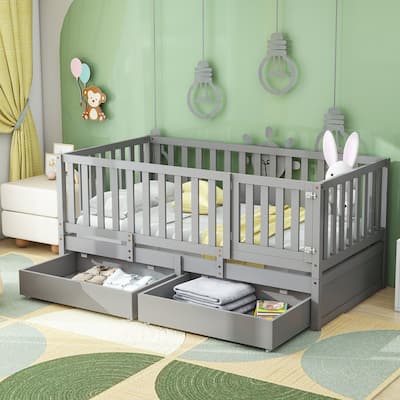 Twin Size Wood Daybed with Fence Guardrails and 2 Drawers