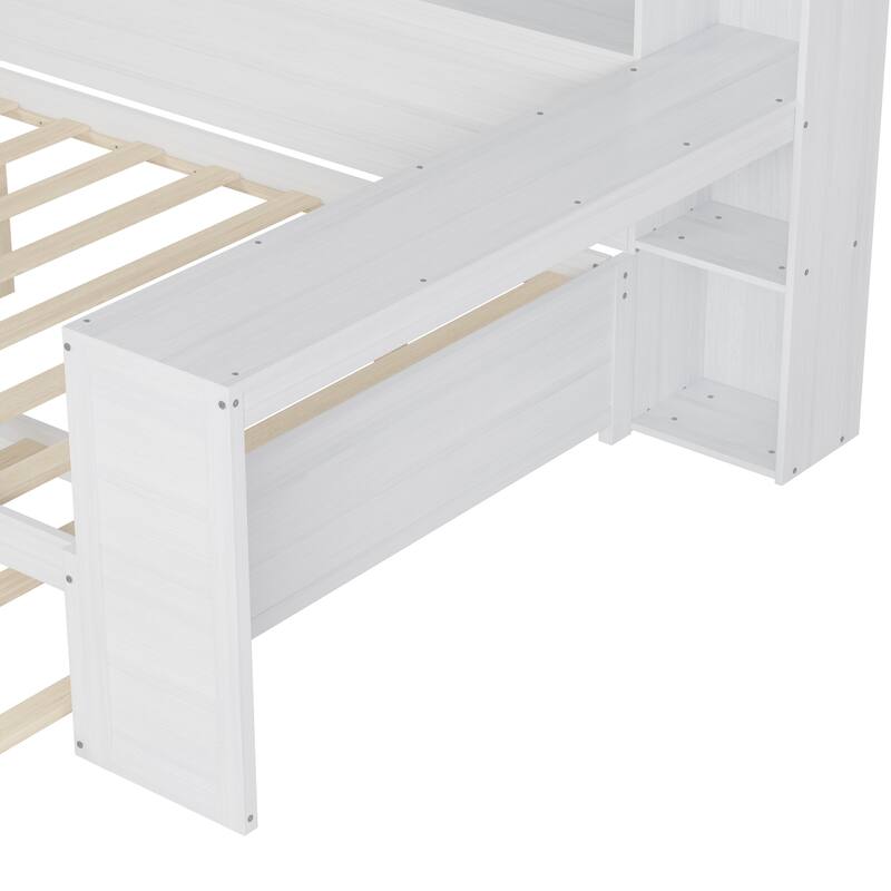 Wooden Twin/Full Size Daybed with Trundle Bed, Multi-functional Corner Platform Sofa Bed Frame with Storage Headboard and Desk