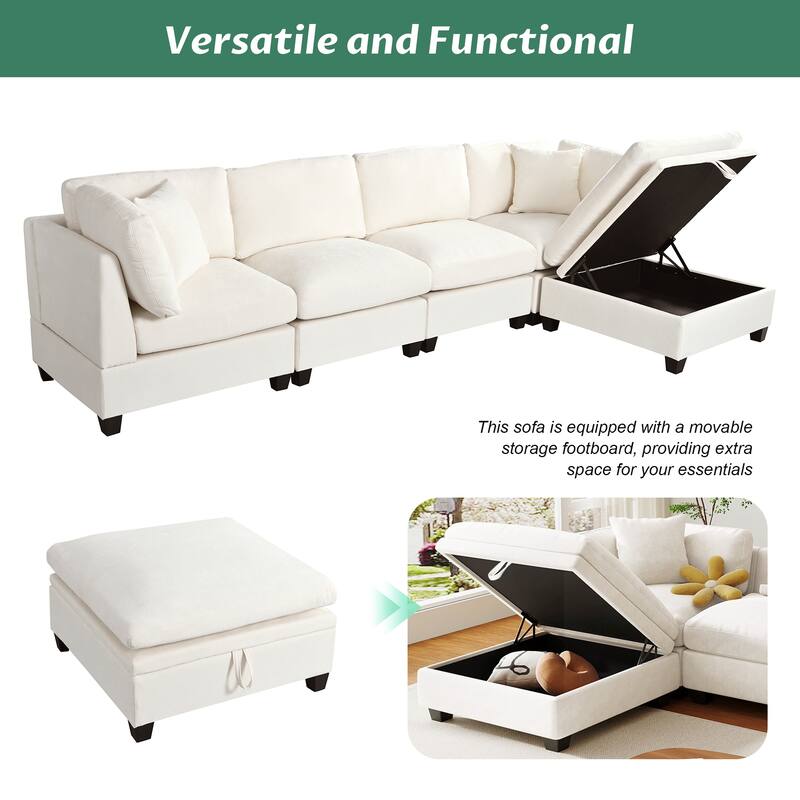 127.6" Polyester Modular Sectional 5-Seat L-Shaped Sofa with Storage Ottoman and Hidden Cup Holders
