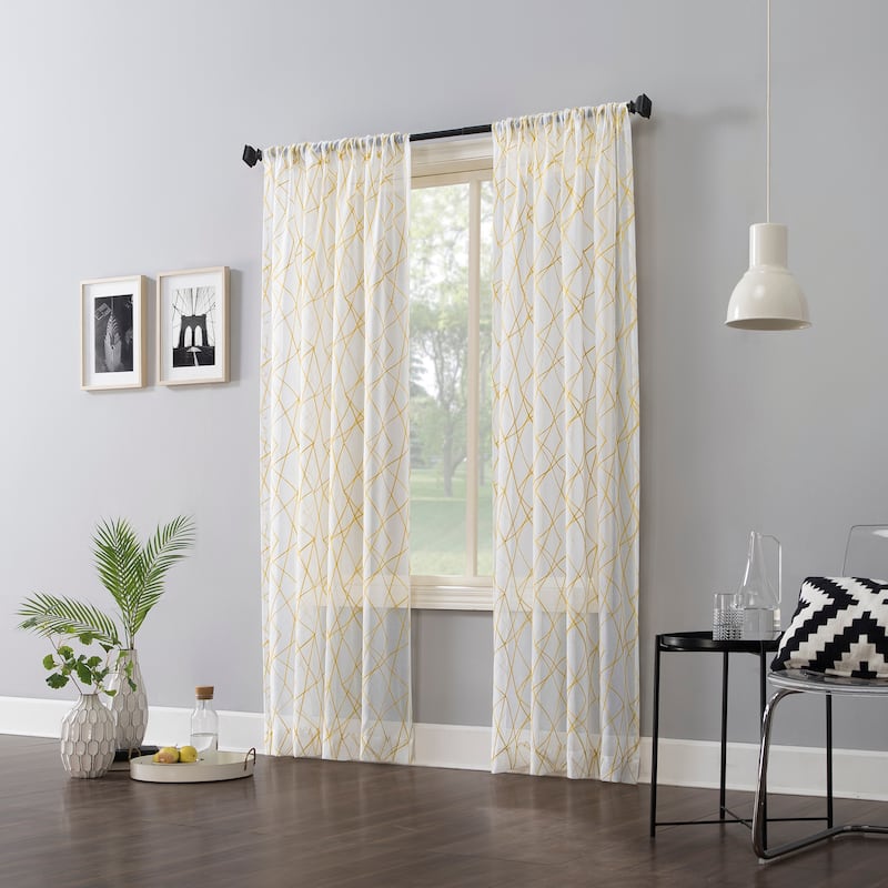 No. 918 Abstract Geometric Embroidery Semi-Sheer Rod Pocket Curtain Panel, Single Panel