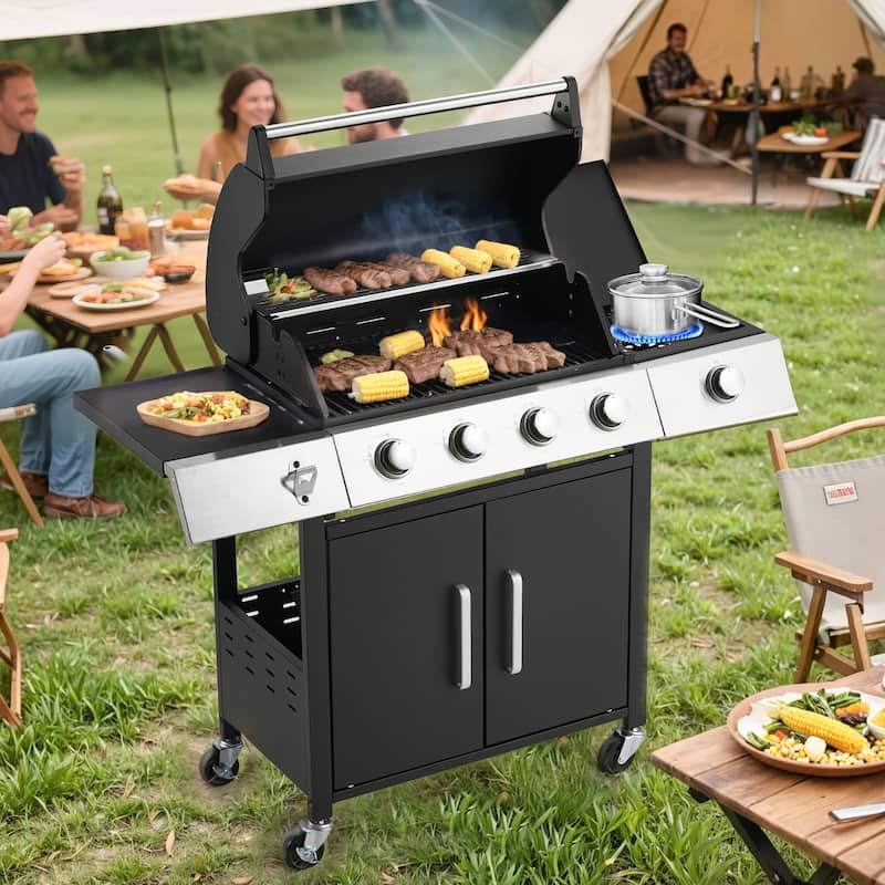 Outdoor Propane Gas Grill with Side Burner, Cast Iron Grates, Storage Cabinet, Easy Clean for Backyard & Patio