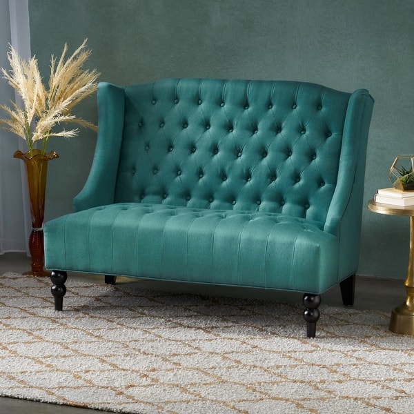 slide 2 of 9, Leora Contemporary Tufted Wingback Loveseat by Christopher Knight Home Dark Teal + Dark Brown