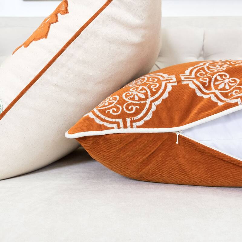 Burnt Orange Damask Embroidered Throw Pillow - Boho Geometric Cushion Set of 2