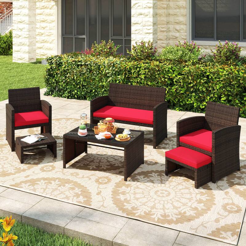 Gymax 6 PCS Patio Furniture Set w/ 1 Loveseat 1 Coffee Table 2