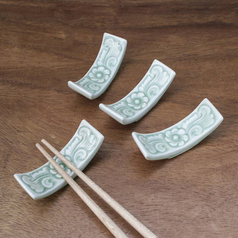 Novica Handmade Flower Cuisine Celadon Ceramic Chopstick Rests (Set Of 4)