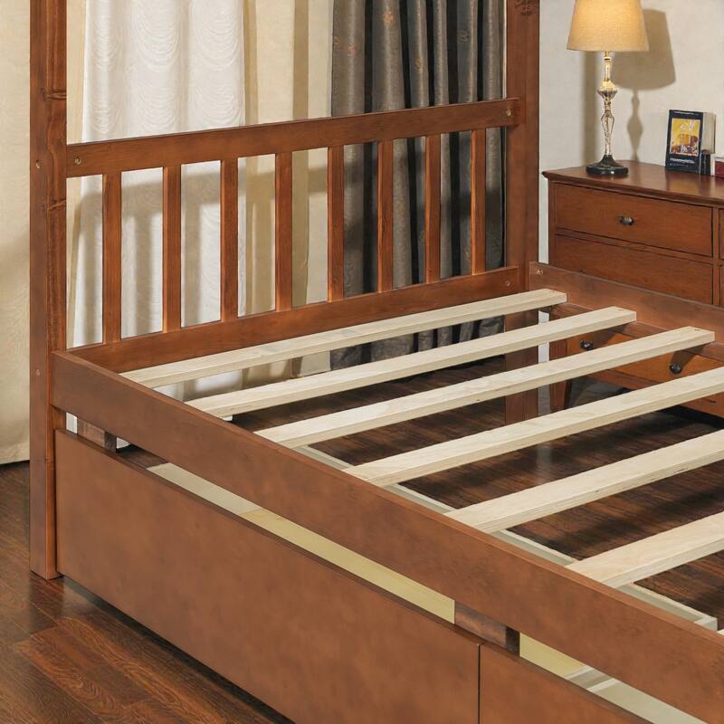 Twin/Full Size Wooden House Bed with Roof and 2 Drawers, Kids Platform Bed with Storage, Solid Pine Frame