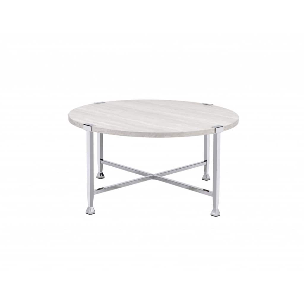 36-Inch White and Silver Round Metal Cross Legs Coffee Table for Living Room - 36” x 36” x 18”