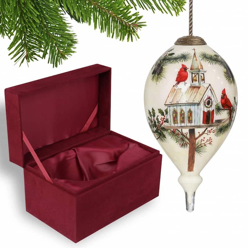 Home of the Red Cardinals Hand Painted Mouth Blown Glass Ornament - 6" x 3.35" x 3.35"