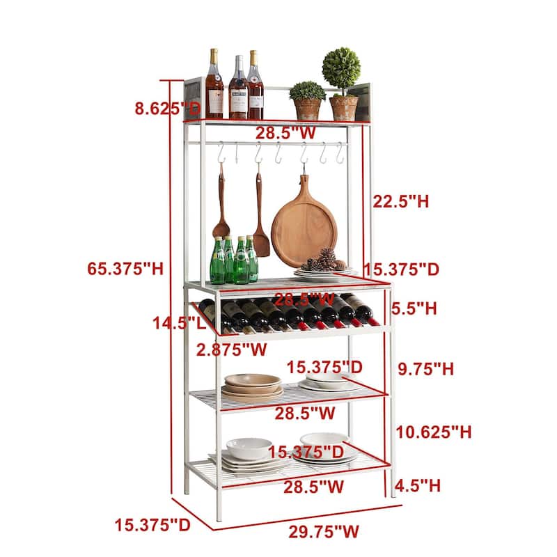 Bakers Rack with Storage Shelfs, Wine Rack and Hooks - White/Gray
