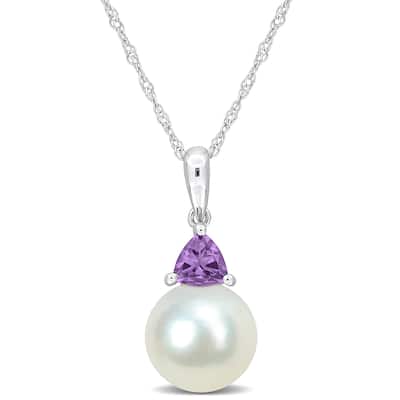 Miadora 8-8.5mm Cultured Freshwater Pearl and 1/5ct TGW Amethyst Pendant with Chain in 10k White Gold - 19 mm x 8.3 mm