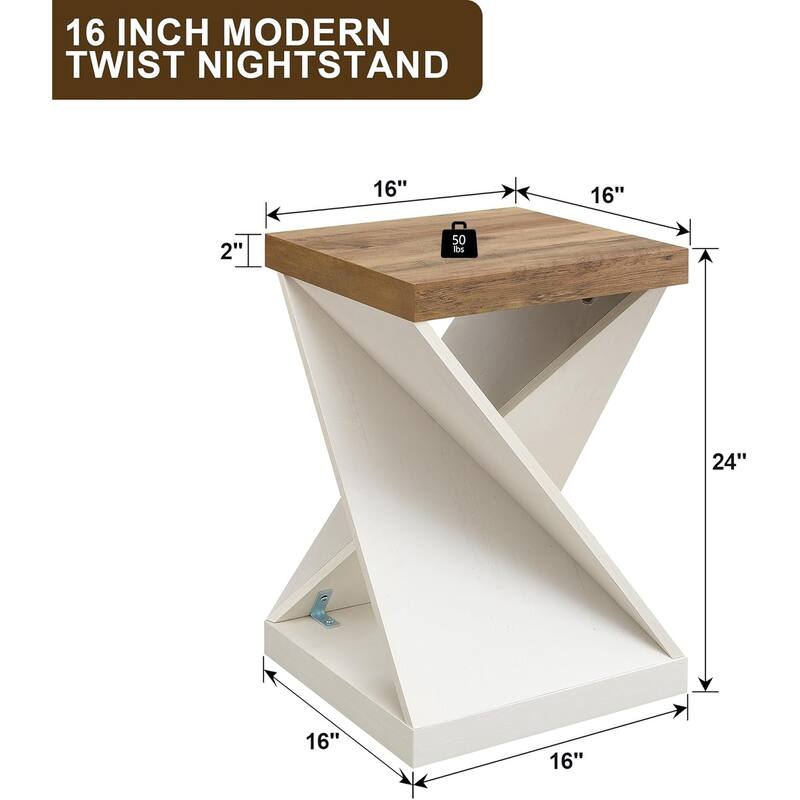 16" Modern Nightstand, Twisted Side Table, Square Rustic End Table