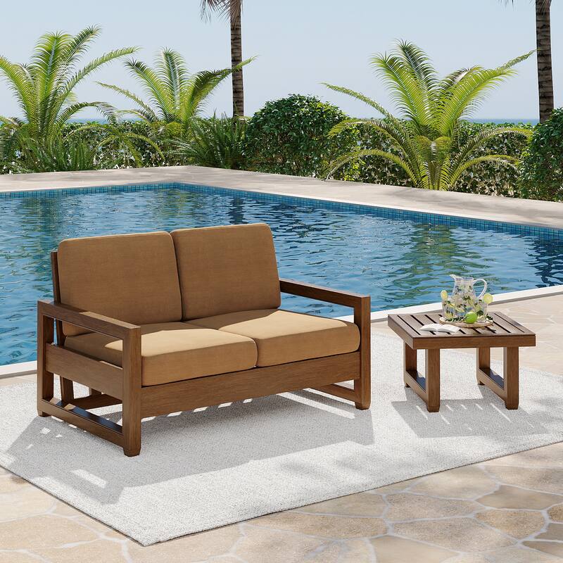 Teak Loveseat Patio Set with Cushions and Table (2-Piece) - Light Brown/Brown wood - Side table