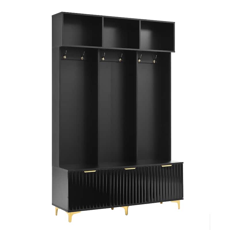 3-in-1 Hall Tree with Storage Bench & Shoe Storage, Glossy Fluted Cabinet Coat Rack with Gold Handles and Legs