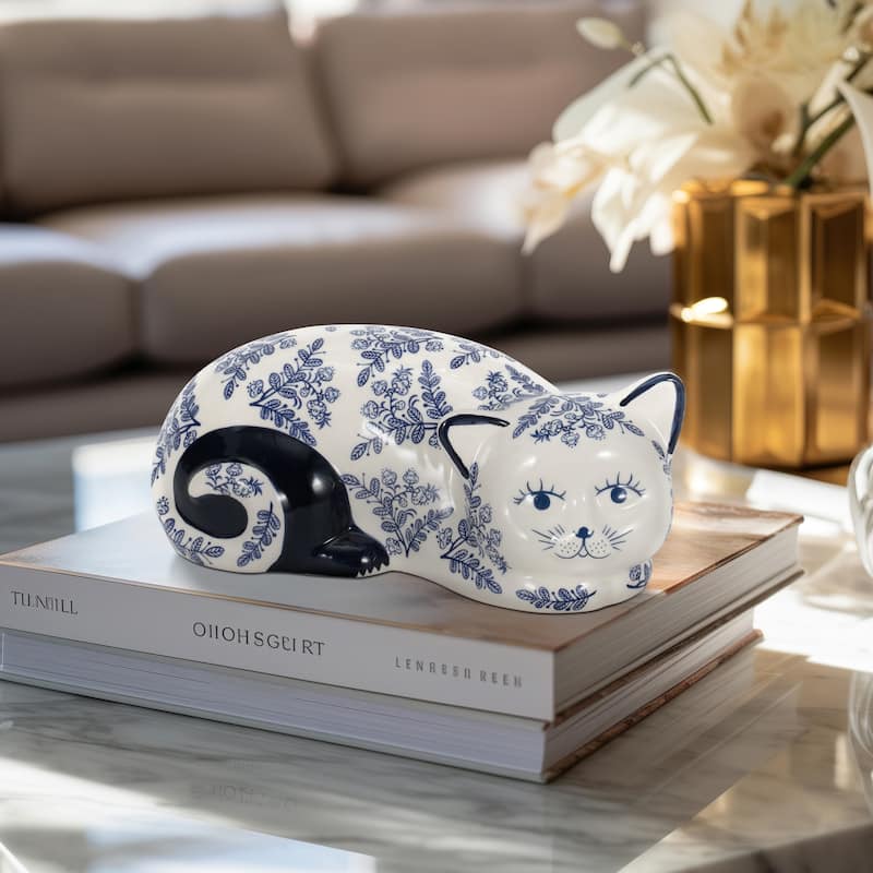 Ceramic Cat Sculpture Contemporary Vintage Style Chinoiserie Blue and White Floral Cat Statue Cat Lover - Chinoiserie Blue/white - 9" x 5" x 4"