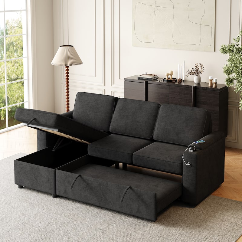 85.8" Sleeper Sofa, Sofa Bed with Storage and Charging Port