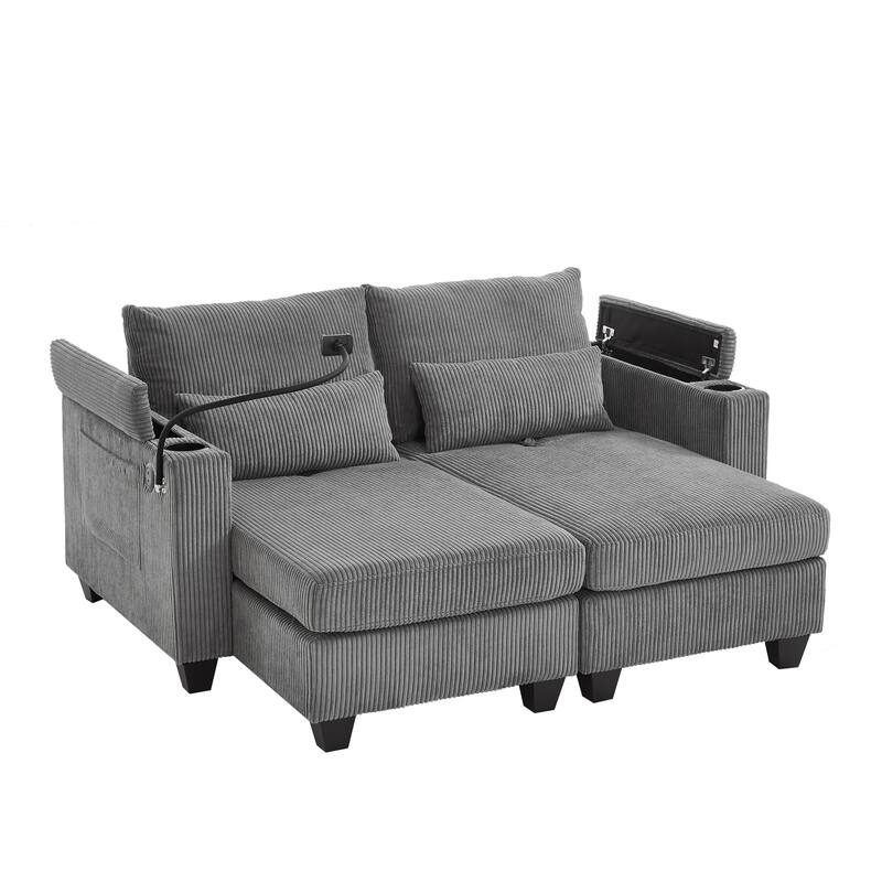 63" Convertible Corduroy Sofa Bed with USB Ports, Cup Holders, Storage, Grey
