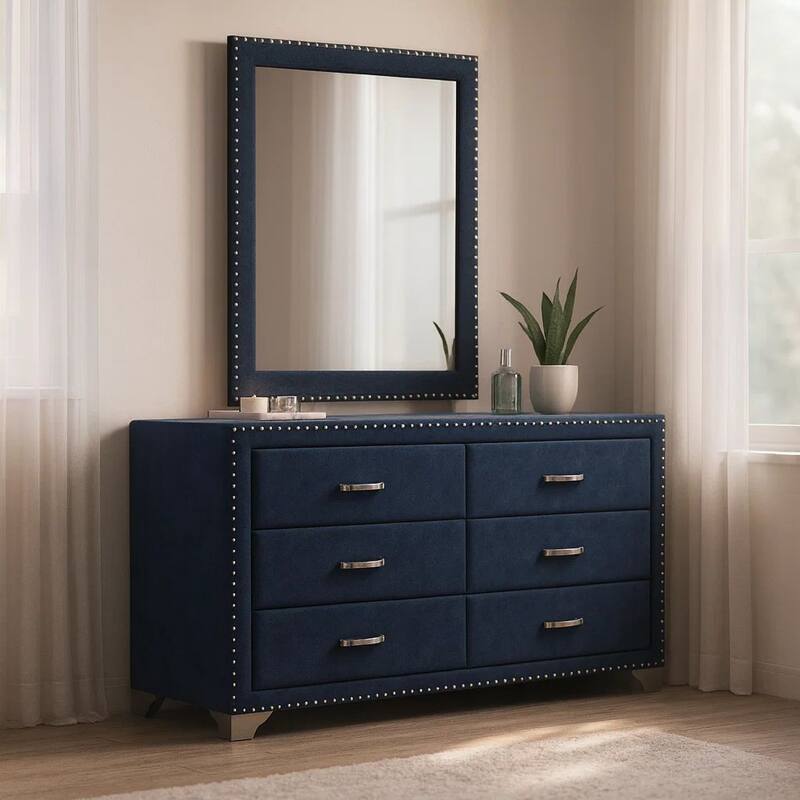 Giya Wide Dresser with Rectangular Rivet Trim Mirror, Navy Blue Velvet