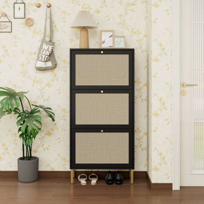 Roomfitters Rattan Shoe Cabinet, Modern Freestanding Shoe Storage Organizer with 3 Flip Doors