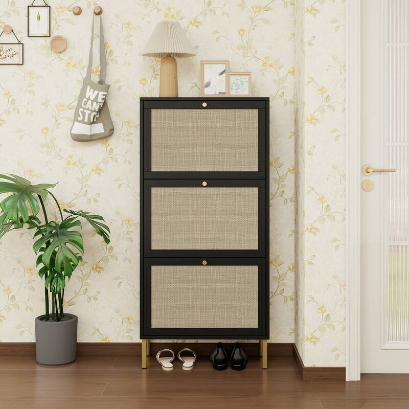 Shoe Storage Cabinet with 3 Flip Drawers, Freestanding 3-Tier Shoe Rack, Slim Shoe Organizer with Half Round Woven Rattan Doors - Black