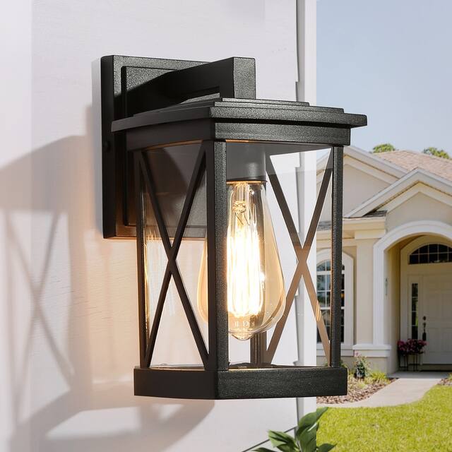 Bern 1-pack Modern Black X-shape Outdoor Wall Lantern Square Glass Wall Sconces - L 6" * W 7" * H 11"