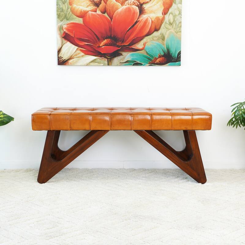 Gibrose Genuine Leather Bench w/Buttons in Tan