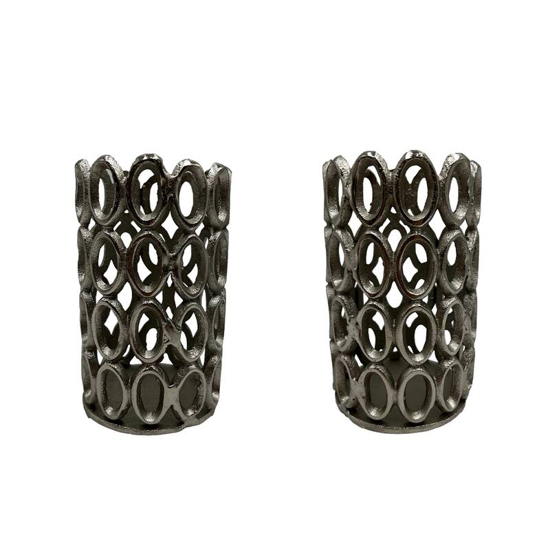 7 Inch Decorative Handmade Aluminum Modern Hollow-Craved Candle holder Set of 2 - 3.75 x 3.75 x 6.5 in - Nickel