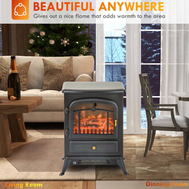 Compact Electric Stove Fireplace, Adjustable Heat, Tip-Over Protection, 216 sq. ft. Coverage - N/A - Black