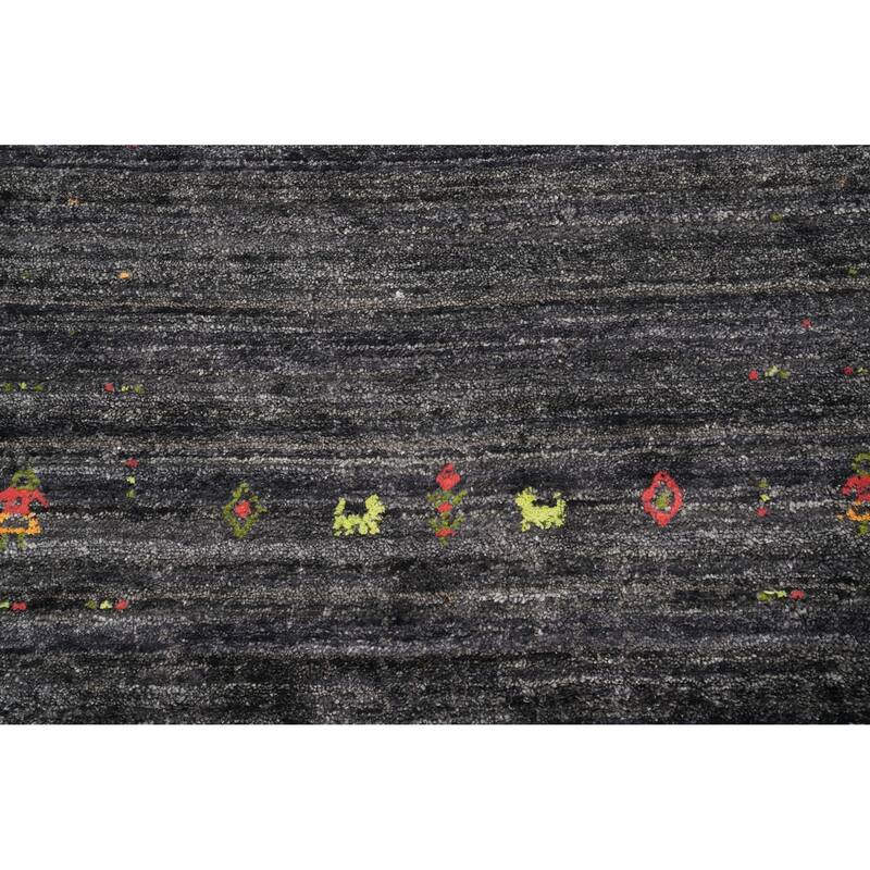 Hand Knotted Oriental Viscose Silk Carpet Tribal Animal Pictorial Greys & Charcoal Gabbeh Runner Rug - 11' 9'' X 4' 1''