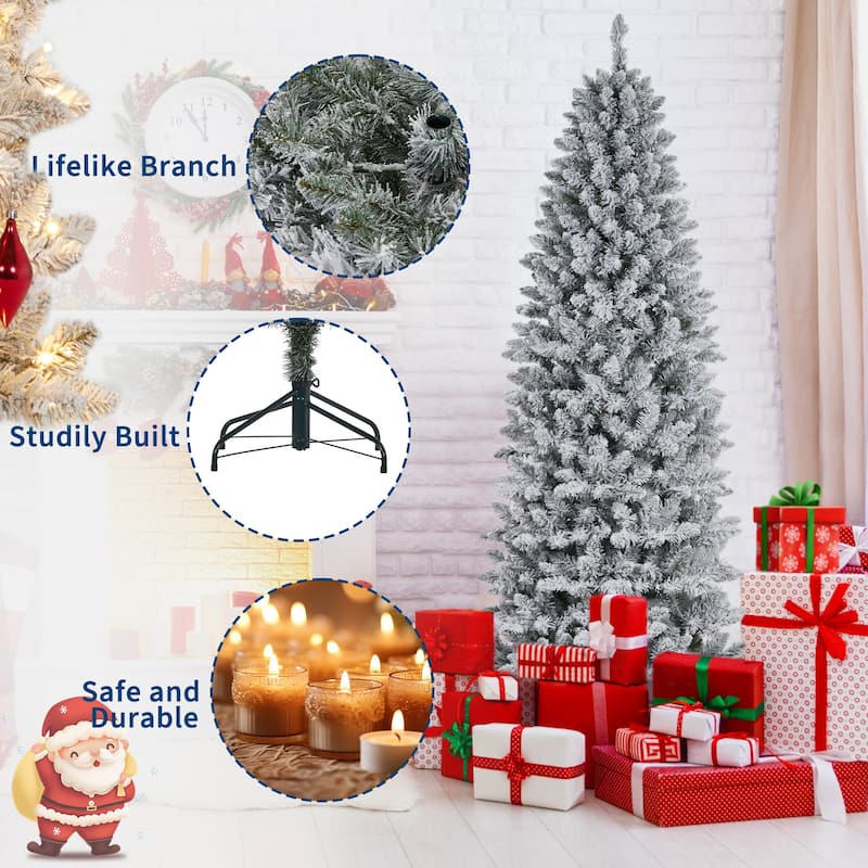 6ft Prelit Flocked Pencil Christmas Tree with Lights, Slim Artificial Xmas Tree with Snowy Branch