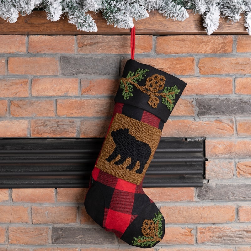 Glitzhome 19"L Plaid Hooked Stocking Reindeer Bear