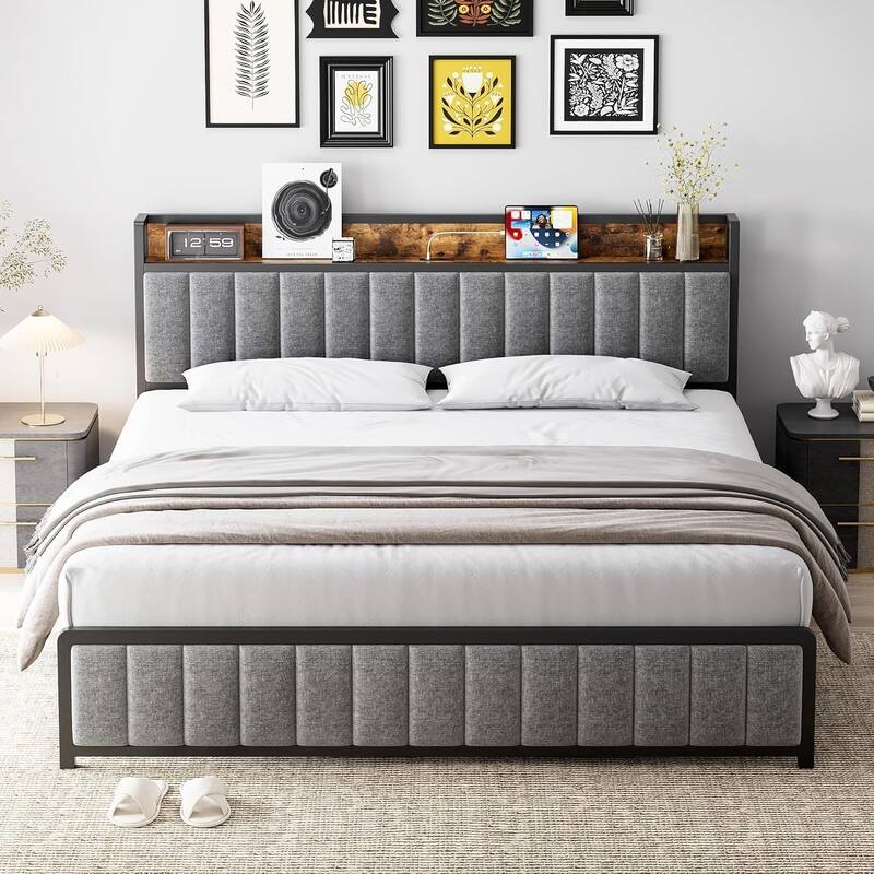 Full Size Upholstered Platform Bed Frame with Storage Headboard, Charging Station, Metal Slats, Noise-Free Design - Full - Grey