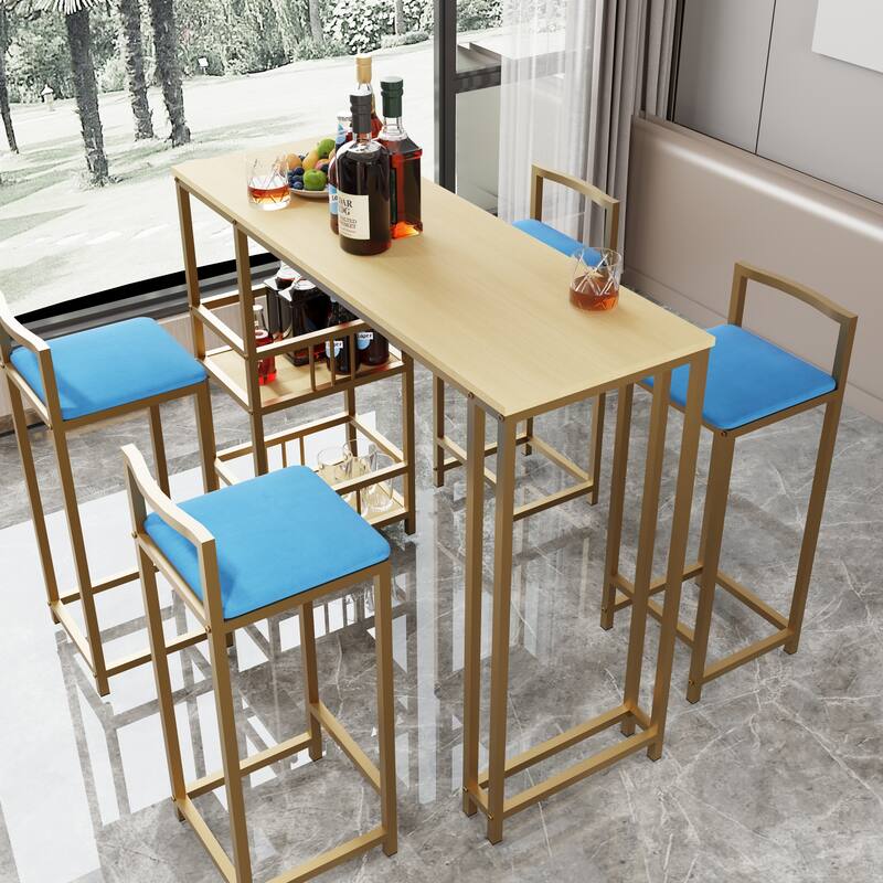 5 Piece Bar Table Set, Counter Height Kitchen Table Set, Metal Table and Chairs Set with 4 Upholstered Chairs & Storage Shelves