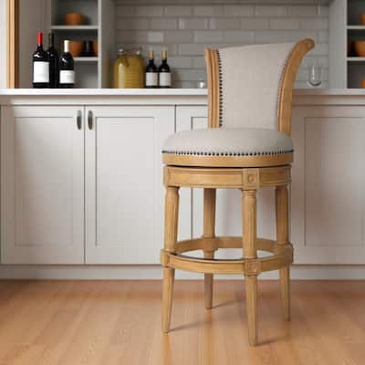 HomeRoots 30" Beige and Natural Fabric and Solid Wood Bar Height Swivel Bar Chair