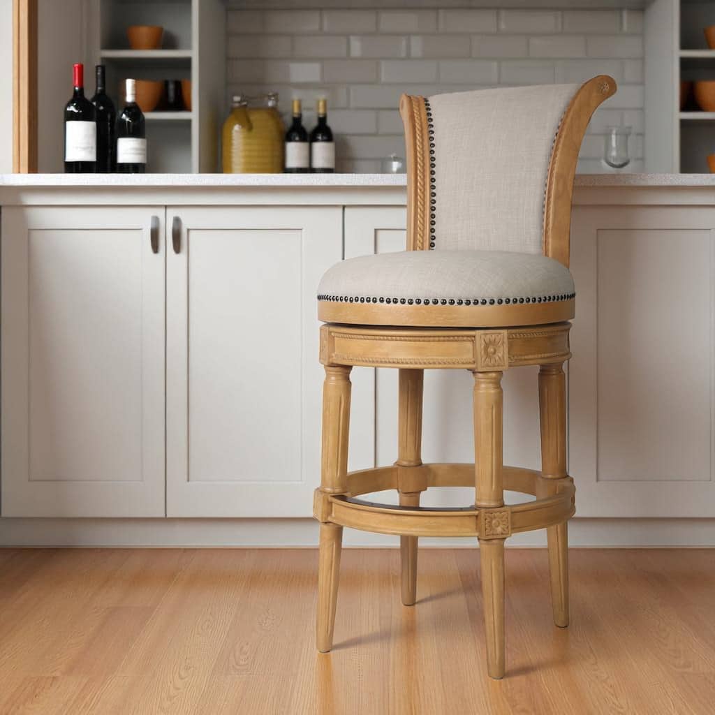 HomeRoots 30" Beige and Natural Fabric and Solid Wood Bar Height Swivel Bar Chair