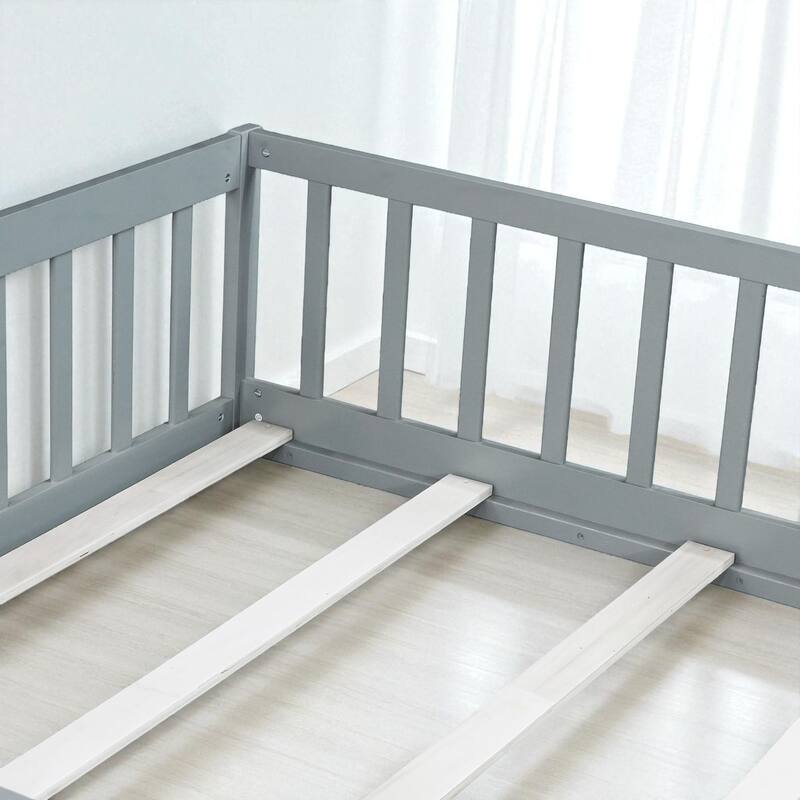 Full Size Rubber Wood Floor Bed with Fence, Door and Safety Guardrails for Kids