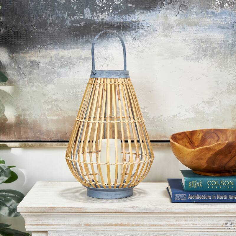 Brown Bamboo Wood Handmade Open Framed Indoor Outdoor Candle Lantern with Blue Metal Accents and Handle