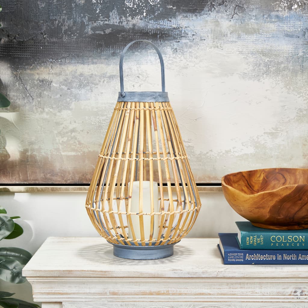 Brown Bamboo Wood Handmade Open Framed Indoor Outdoor Candle Lantern with Blue Metal Accents and Handle