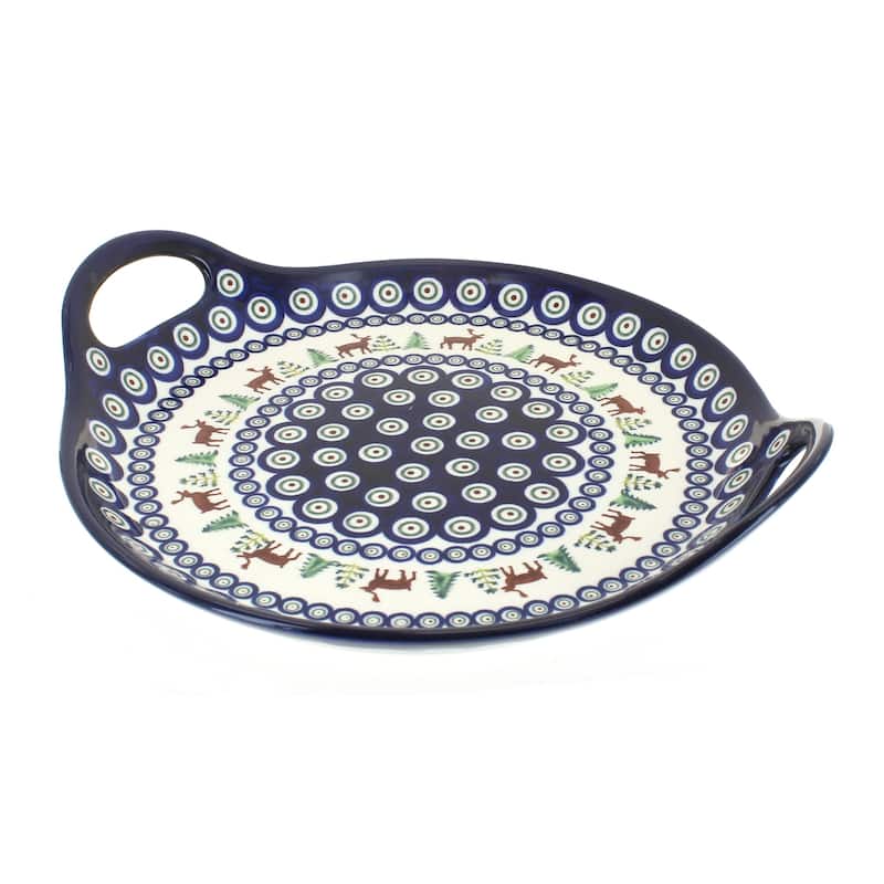 Blue Rose Polish Pottery 1333 Zaklady Round Serving Tray with Handles - Reindeer Pine