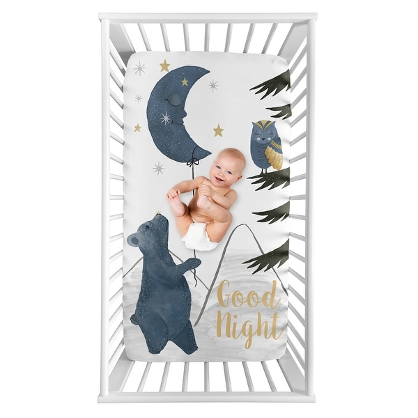 Woodland Bear and Owl Boy or Girl Photo Op Fitted Crib Sheet Navy Blue Grey Gold Black Celestial Moon Star Watercolor Forest Bed Bath Beyond 31453431