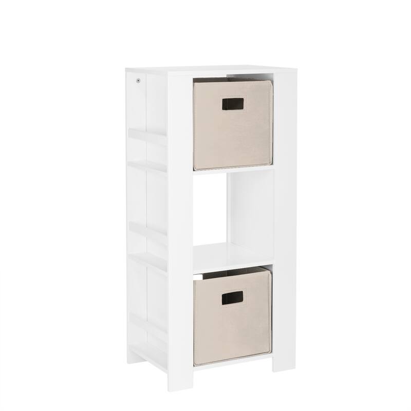 RiverRidge Kids Bookshelf and Toy Organizer Tower with 3 Cubbies and 6 Bookracks for Playroom, Nursery, and Reading Nook - White with Taupe Bins