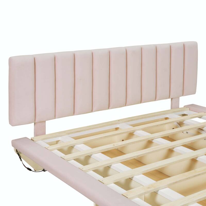 Queen Size Upholstered Floating Bed with LED Light and USB Port