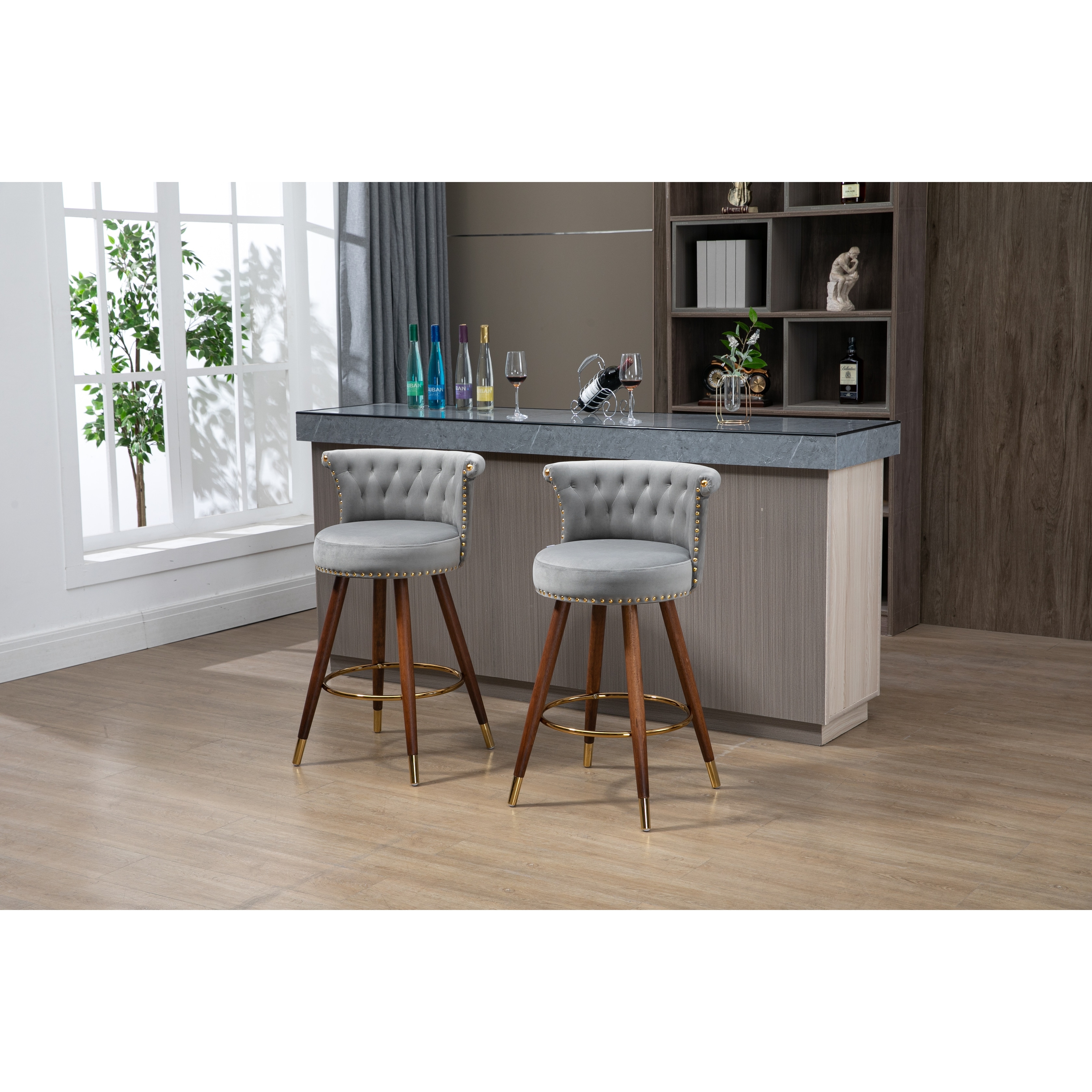 2 Pc Round Ergonomic Bar Stools Dining Chair with Footres and Nailhead