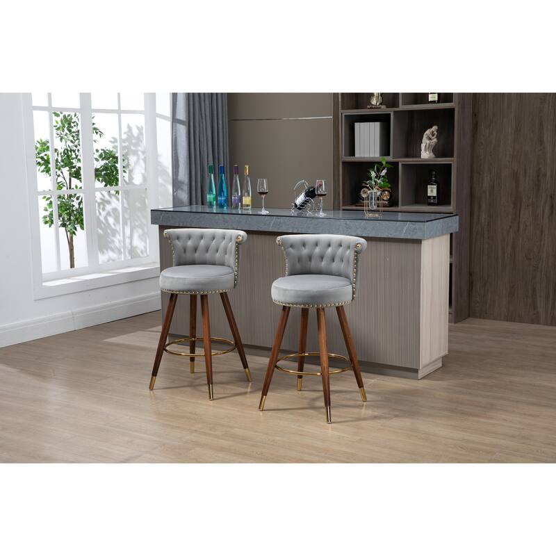 Counter Height Bar Stools Set of 2, Kitchen Bar Stools with Solid Wood Legs, Upholstered Dining Room Chairs with Footrest