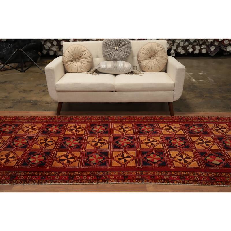 Hand Knotted Oriental 100% Wool Carpet Traditional Geometric Oranges & Rust Ardebil Runner Rug - 10' 2'' X 4' 4''