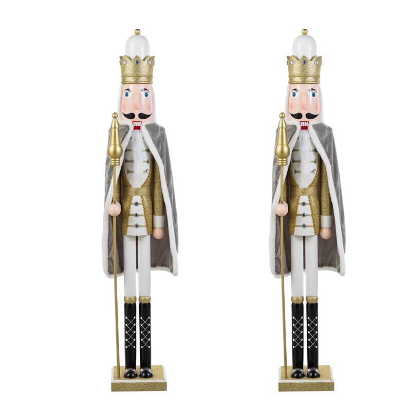 Glitzhome Set of 2 Wooden Christmas Gold Dressed King & Soldier Nutcrackers for Festive Party Fireplace Decor