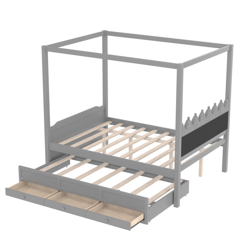 Princess Canopy Bed Upholstered Platform Bed withTrundle, Crown Headboard and 3 Underbed Storage Drawers for Kids